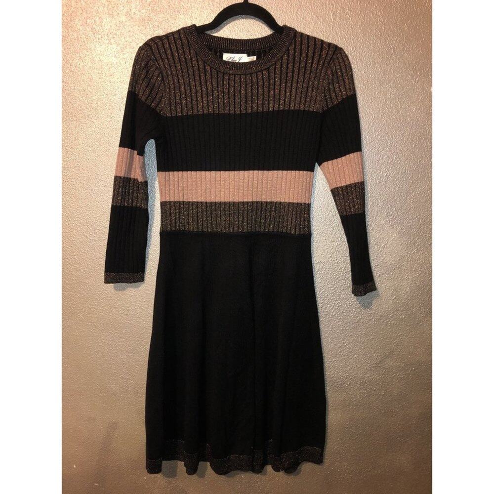 Eliza J  Metallic  Ribbed Striped  Sweater  Black  Metallic  Dress Petite Medium